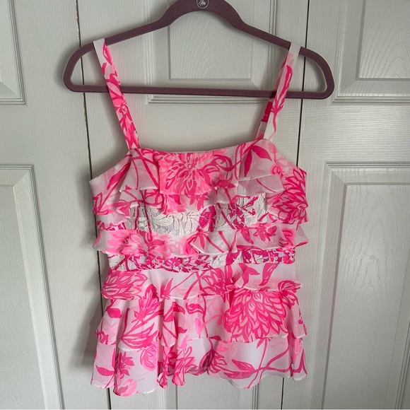 Lilly Pulitzer Olive Top Pink Resort White Caliente Tiered Ruffle Crochet Sz 4 - Picture 1 of 12